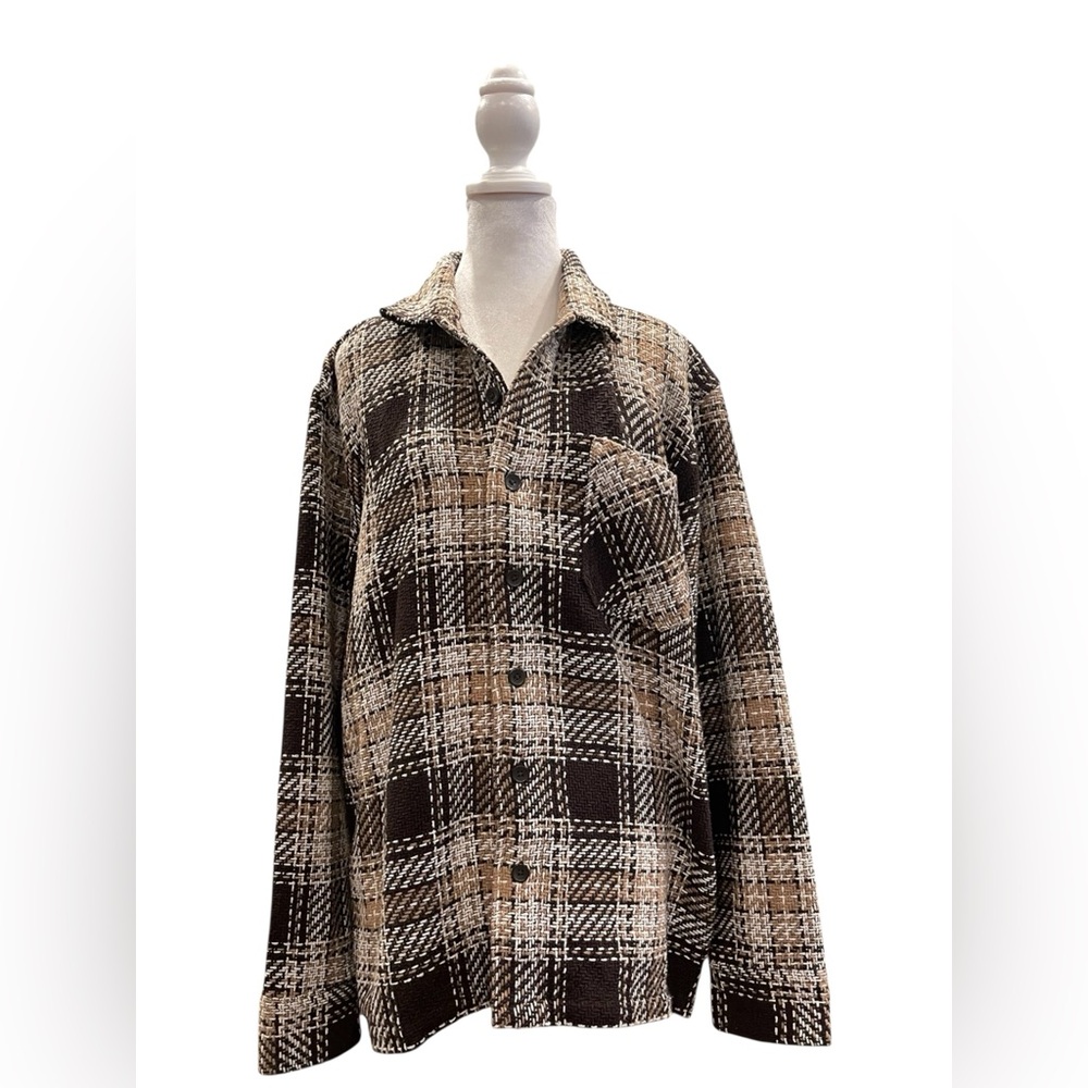 Plaid Overshirt Shirt Jacket Neutral Textured Workwear Shacket L
